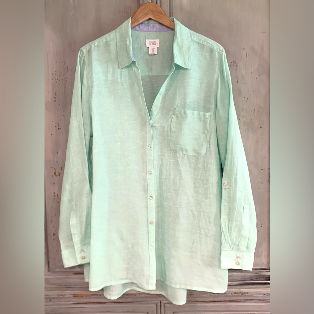 Sigrid Olsen Lt. Mint Green Linen Top Sz XL